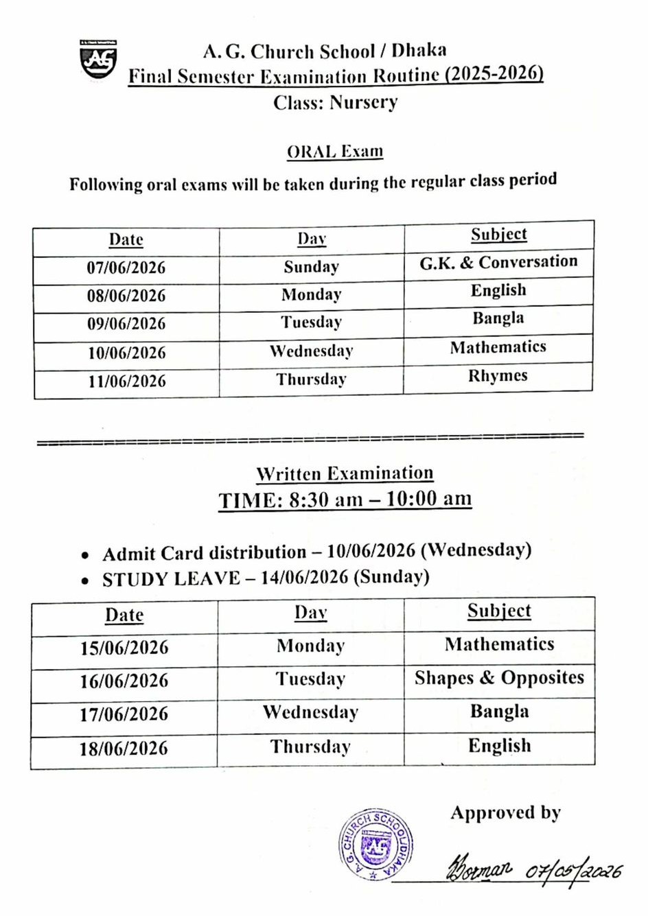 Final Semester 2025-2026 English Medium Class Nursery